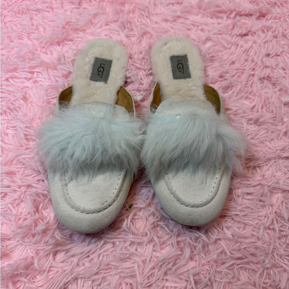 UGG Women's light blue Suede Shearling Fur Slide Mules